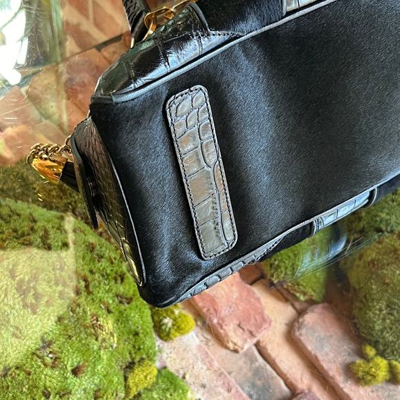VERSACE Black Pony Hair Croc Embossed Suede Leather Dome Satchel - Picture 10 of 11